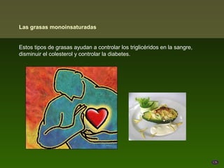 Las grasas monoinsaturadas
Estos tipos de grasas ayudan a controlar los triglicéridos en la sangre,
disminuir el colestero...