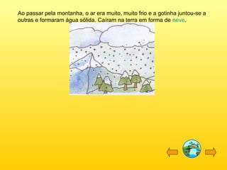 Ao passar pela montanha, o ar era muito, muito frio e a gotinha juntou-se a
outras e formaram água sólida. Caíram na terra em forma de neve.

 