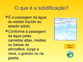 O que é a solidificação?
É a passagem da água
do estado líquido ao
estado sólido.
Conforme a passagem
da água pelas
camadas altas, médias
ou baixas da
atmosfera, surge a
neve, o granizo ou na
geada.
Voltar à
história
 