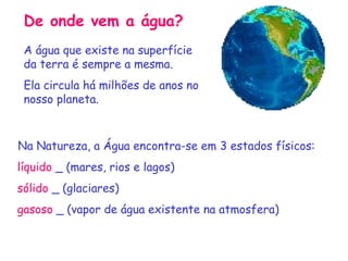 De onde vem a água?
A água que existe na superfície
da terra é sempre a mesma.
Ela circula há milhões de anos no
nosso planeta.

Na Natureza, a Água encontra-se em 3 estados físicos:
líquido _ (mares, rios e lagos)
sólido _ (glaciares)
gasoso _ (vapor de água existente na atmosfera)

 
