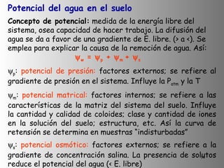 Potencial del agua en el suelo Concepto de potencial:  medida de la energía libre del sistema, osea capacidad de hacer trabajo. La difusión del agua se da a favor de una gradiente de E. libre. (> a <). Se emplea para explicar la causa de la remoción de agua. Así:   w  =   p  +   m  +   s  p :  potencial de presión:  factores externos; se refiere al gradiente de presión en el sistema. Influye la P atm  y la T  m :  potencial matrical:  factores internos; se refiere a las características de la matriz del sistema del suelo. Influye la cantidad y calidad de coloides; clase y cantidad de iones en la solución del suelo; estructura, etc. Así la curva de retensión se determina en muestras “indisturbadas”  s :  potencial osmótico:  factores externos; se refiere a la gradiente de concentración salina. La presencia de solutos reduce el potencial del agua (< E. libre) 
