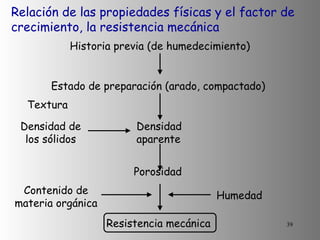 Relación de las propiedades físicas y el factor de crecimiento, la resistencia mecánica Historia previa (de humedecimiento)  Estado de preparación (arado, compactado) Textura Densidad de los sólidos Densidad aparente Porosidad  Humedad  Resistencia mecánica  Contenido de materia orgánica 