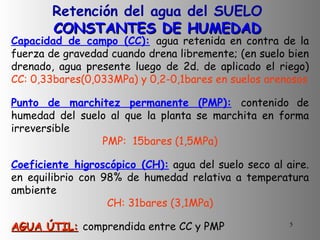 Retención del agua del SUELO CONSTANTES DE HUMEDAD Capacidad de campo (CC):   agua retenida en contra de la fuerza de gravedad cuando drena libremente; (en suelo bien drenado, agua presente luego de 2d. de aplicado el riego)  CC: 0,33bares(0,033MPa) y 0,2-0,1bares en suelos arenosos Punto de marchitez permanente (PMP):   contenido de humedad del suelo al que la planta se marchita en forma irreversible  PMP:  15bares (1,5MPa) Coeficiente higroscópico (CH):  agua del suelo seco al aire. en equilibrio con 98% de humedad relativa a temperatura ambiente CH: 31bares (3,1MPa) AGUA ÚTIL:   comprendida entre CC y PMP 