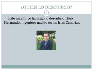 ¿QUIÉN LO DESCUBRIÓ?
4
Este magnífico hallazgo lo descubrió Theo
Hernando, ingeniero nacido en las Islas Canarias.
 