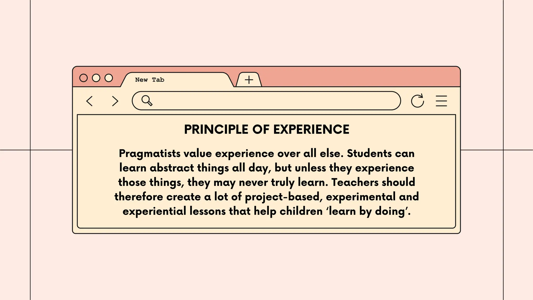 Pragmatists value experience over all else. Students can
learn abstract things all day, but unless they experience
those things, they may never truly learn. Teachers should
therefore create a lot of project-based, experimental and
experiential lessons that help children ‘learn by doing’.
PRINCIPLE OF EXPERIENCE
 