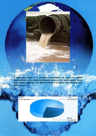 A agricultura ainda é a principal consumidora de água nos países
desenvolvidos e em desenvolvimento embora entre esses países tenha
uma grande diferença. No Médio Oriente é a região mais atingida pela
falta de água.
 