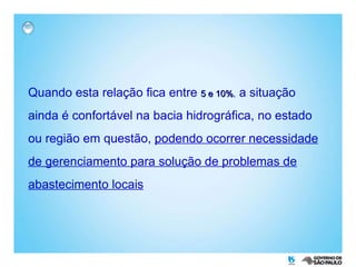 Quando esta relação fica entre  5 e 10% ,  a situação ainda é confortável na bacia hidrográfica, no estado ou região em questão,  podendo ocorrer necessidade de gerenciamento para solução de problemas de abastecimento locais 