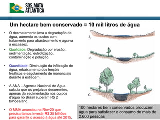 • O desmatamento leva a degradação da
água, aumenta os custos com
tratamento para abastecimento e agrava
a escassez.
• Qualidade: Degradação por erosão,
sedimentação, eutrofização,
contaminação e poluição.
• Quantidade: Diminuição da infiltração de
água, rebaixamento dos lençóis
freáticos e esgotamento de mananciais
durante a estiagem.
• A ANA – Agencia Nacional de Água
calcula que os prejuízos decorrentes,
apenas da sedimentação nos corpos
d’água no Brasil superam R$ 2
bilhões/ano.
• O MMA anunciou na Rio+20 que
precisaríamos investir R$ 25 bilhões
para garantir o acesso à água até 2015.
Um hectare bem conservado = 10 mil litros de águaUm hectare bem conservado = 10 mil litros de água
100 hectares bem conservados produzem
água para satisfazer o consumo de mais de
2.600 pessoas
 