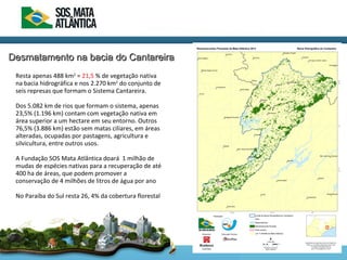 Desmatamento na bacia do CantareiraDesmatamento na bacia do Cantareira
Resta apenas 488 km2
= 21,5 % de vegetação nativa
na bacia hidrográfica e nos 2.270 km2
do conjunto de
seis represas que formam o Sistema Cantareira.
Dos 5.082 km de rios que formam o sistema, apenas
23,5% (1.196 km) contam com vegetação nativa em
área superior a um hectare em seu entorno. Outros
76,5% (3.886 km) estão sem matas ciliares, em áreas
alteradas, ocupadas por pastagens, agricultura e
silvicultura, entre outros usos.
A Fundação SOS Mata Atlântica doará 1 milhão de
mudas de espécies nativas para a recuperação de até
400 ha de áreas, que podem promover a
conservação de 4 milhões de litros de água por ano
No Paraíba do Sul resta 26, 4% da cobertura florestal
 