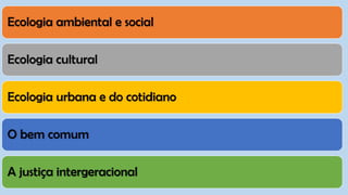 Ecologia ambiental e social
Ecologia cultural
Ecologia urbana e do cotidiano
O bem comum
A justiça intergeracional
 