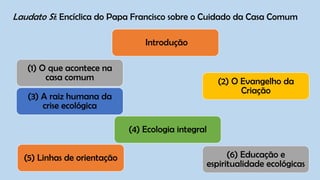 Introdução
(1) O que acontece na
casa comum (2) O Evangelho da
Criação
(3) A raiz humana da
crise ecológica
(4) Ecologia integral
(5) Linhas de orientação (6) Educação e
espiritualidade ecológicas
Laudato Si: Encíclica do Papa Francisco sobre o Cuidado da Casa Comum
 