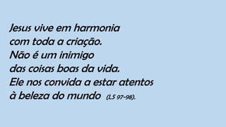 Jesus vive em harmonia
com toda a criação.
Não é um inimigo
das coisas boas da vida.
Ele nos convida a estar atentos
à beleza do mundo (LS 97-98).
 