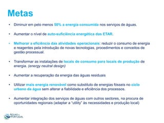Metas
•

Diminuir em pelo menos 50% a energia consumida nos serviços de águas.

•

Aumentar o nível de auto-suficiência energética das ETAR.

•

Melhorar a eficiência das atividades operacionais: reduzir o consumo de energia
e reagentes pela introdução de novas tecnologias, procedimentos e conceitos de
gestão processual.

•

Transformar as instalações de locais de consumo para locais de produção de
energia. (energy neutral design)

•

Aumentar a recuperação da energia das águas residuais

•

Utilizar mais energia renovável como substituto de energias fósseis no ciclo
urbano da água sem alterar a fiabilidade e eficiência dos processos.

•

Aumentar integração dos serviços de águas com outros sectores, na procura de
oportunidades regionais (adaptar a “utility” às necessidades e produção local)

 