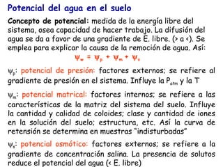 Potencial del agua en el suelo Concepto de potencial:  medida de la energía libre del sistema, osea capacidad de hacer trabajo. La difusión del agua se da a favor de una gradiente de E. libre. (> a <). Se emplea para explicar la causa de la remoción de agua. Así:   w  =   p  +   m  +   s  p :  potencial de presión:  factores externos; se refiere al gradiente de presión en el sistema. Influye la P atm  y la T  m :  potencial matrical:  factores internos; se refiere a las características de la matriz del sistema del suelo. Influye la cantidad y calidad de coloides; clase y cantidad de iones en la solución del suelo; estructura, etc. Así la curva de retensión se determina en muestras “indisturbadas”  s :  potencial osmótico:  factores externos; se refiere a la gradiente de concentración salina. La presencia de solutos reduce el potencial del agua (< E. libre) 