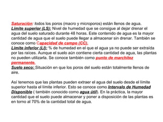 Saturación : t odos los poros (macro y microporos) están llenos de agua.  Límite superior (LS):  Nivel de humedad que se consigue al dejar drenar el agua del suelo saturado durante 48 horas. Este contenido de agua es la mayor cantidad de agua que el suelo puede llegar a almacenar sin drenar. También se conoce como  C apacidad de campo (CC).   Límite inferior (LI):  % de humedad en el que el agua ya no puede ser extraída por las raíces. Aunque el suelo aún contiene cierta cantidad de agua, las plantas no pueden utilizarla. Se conoce también como   punto de marchitez permanente.   Suelo seco:  Situación en que los poros del suelo están totalmente llenos de aire. Así tenemos que las plantas pueden extraer el agua del suelo desde el límite superior hasta el límite inferior. Esto se conoce como  Intervalo de Humedad Disponible  ( también conocido como  agua útil ). En la práctica, la mayor cantidad que el suelo puede almacenar y poner a disposición de las plantas es en torno al 70% de la cantidad total de agua. 