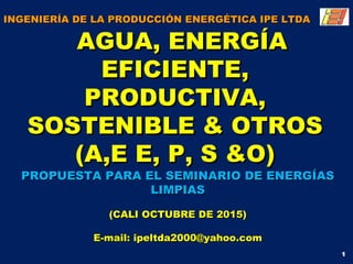 INGENIERÍA DE LA PRODUCCIÓN ENERGÉTICA IPE LTDAINGENIERÍA DE LA PRODUCCIÓN ENERGÉTICA IPE LTDA
AGUA, ENERGÍAAGUA, ENERGÍA
EFICIENTE,EFICIENTE,
PRODUCTIVA,PRODUCTIVA,
SOSTENIBLE & OTROSSOSTENIBLE & OTROS
(A,E E, P, S &O)(A,E E, P, S &O)
PROPUESTA PARA EL SEMINARIO DE ENERGÍASPROPUESTA PARA EL SEMINARIO DE ENERGÍAS
LIMPIASLIMPIAS
(CALI OCTUBRE DE 2015)(CALI OCTUBRE DE 2015)
E-mail: ipeltda2000@yahoo.comE-mail: ipeltda2000@yahoo.com
1
 