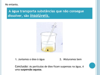 A água transporta substâncias que não consegue
dissolver, são insolúveis.
No entanto,
1. Juntamos o óleo à água 2. Misturamos bem
Conclusão: As partículas de óleo ficam suspensas na água, é
uma suspensão aquosa.
 