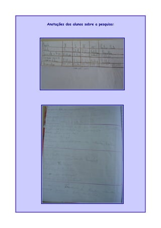 Anotações dos alunos sobre a pesquisa:
 