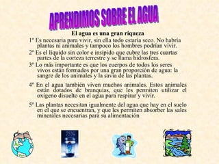 El agua es una gran riqueza 1º Es necesaria para vivir, sin ella todo estaría seco. No habría plantas ni animales y t ampoco los hombres podrían vivir. 2º Es el líquido sin color e insípido que cubre las tres cuartas partes de la corteza terrestre y se llama hidrosfera. 3º Lo más importante es que los cuerpos de todos los seres vivos están formados por una gran proporción de agua: la sangre de los animales y la savia de las plantas. 4º En el agua también viven muchos animales. Estos animales están dotados de branquias, que les permiten utilizar el oxígeno disuelto en el agua para respirar y vivir. 5º Las plantas necesitan igualmente del agua que hay en el suelo en el que se encuentran, y que les permiten absorber las sales minerales necesarias para su alimentación   APRENDIMOS SOBRE EL AGUA 