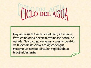 Hay agua en la tierra, en el mar, en el aire. Está cambiando permanentemente tanto de estado físico como de lugar y a este cambio se le denomina ciclo ecológico ya que recorre un camino circular repitiéndose indefinidamente. CICLO DEL AGUA 