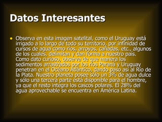 Datos Interesantes   Observa en esta imagen satelital, como el Uruguay está irrigado a lo largo de todo su territorio, por infinidad de cursos de agua como ríos, arroyos, cañadas, etc., algunos de los cuales, delimitan y dan forma a nuestro país.  Como dato curioso, observa de que manera los sedimentos arrastrados por los ríos Paraná y Uruguay penetran en el Océano Atlántico, dando paso así al Río de la Plata. Nuestro planeta posee sólo un 3% de agua dulce y sólo una tercera parte está disponible para el hombre, ya que el resto integra los cascos polares. El 28% del agua aprovechable se encuentra en América Latina.  