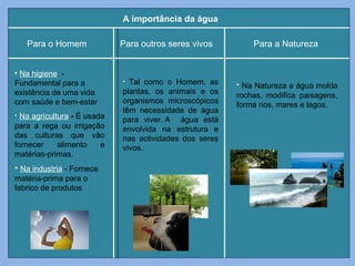 A importância da água  Para o Homem Para outros seres vivos Para a Natureza  Na higiene   - Fundamental para a existência de uma vida com saúde e bem-estar  Na agricultura   -  É usada para a rega ou irrigação das culturas que vão fornecer alimento e matérias-primas.  Na industria   - Fornece   matéria-prima para o fabrico de produtos  Tal como o Homem, as plantas, os animais e os organismos microscópicos têm necessidade de água para viver. A  água está envolvida na estrutura e nas actividades dos seres vivos. Na Natureza a água molda rochas, modifica paisagens, forma rios, mares e lagos. 