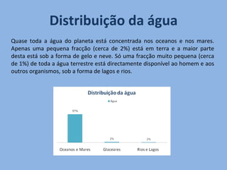 Distribuição da água Quase toda a água do planeta está concentrada nos oceanos e nos mares. Apenas uma pequena fracção (cerca de 2%) está em terra e a maior parte desta está sob a forma de gelo e neve. Só uma fracção muito pequena (cerca de 1%) de toda a água terrestre está directamente disponível ao homem e aos outros organismos, sob a forma de lagos e rios. 