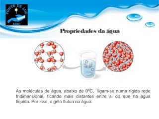 Propriedades da água
As moléculas de água, abaixo de 0ºC, ligam-se numa rígida rede
tridimensional, ficando mais distantes entre si do que na água
líquida. Por isso, o gelo flutua na água.
 