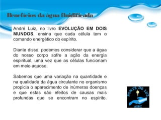 Benefícios da água fluidificada
André Luiz, no livro EVOLUÇÃO EM DOIS
MUNDOS, ensina que cada célula tem o
comando energético do espírito.
Diante disso, podemos considerar que a água
do nosso corpo sofre a ação da energia
espiritual, uma vez que as células funcionam
em meio aquoso.
Sabemos que uma variação na quantidade e
na qualidade da água circulante no organismo
propicia o aparecimento de inúmeras doenças
e que estas são efeitos de causas mais
profundas que se encontram no espírito.
 