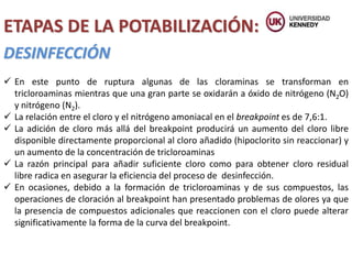 ETAPAS DE LA POTABILIZACIÓN:
DESINFECCIÓN
 En este punto de ruptura algunas de las cloraminas se transforman en
tricloroaminas mientras que una gran parte se oxidarán a óxido de nitrógeno (N2O)
y nitrógeno (N2).
 La relación entre el cloro y el nitrógeno amoniacal en el breakpoint es de 7,6:1.
 La adición de cloro más allá del breakpoint producirá un aumento del cloro libre
disponible directamente proporcional al cloro añadido (hipoclorito sin reaccionar) y
un aumento de la concentración de tricloroaminas
 La razón principal para añadir suficiente cloro como para obtener cloro residual
libre radica en asegurar la eficiencia del proceso de desinfección.
 En ocasiones, debido a la formación de tricloroaminas y de sus compuestos, las
operaciones de cloración al breakpoint han presentado problemas de olores ya que
la presencia de compuestos adicionales que reaccionen con el cloro puede alterar
significativamente la forma de la curva del breakpoint.
 