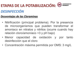 ETAPAS DE LA POTABILIZACIÓN:
DESINFECCIÓN
Desventajas de las Cloraminas
• Nitrificación (principal problema). Por la presencia
de microorganismos que pueden transformar el
amoniaco en nitratos y nitritos (ocurre cuando hay
relación cloro/amoníaco <3 y pH bajo)
• Menor capacidad de oxidación y por tanto
desinfección que el cloro
• Concentración máxima permitida por OMS: 3 mg/L
 