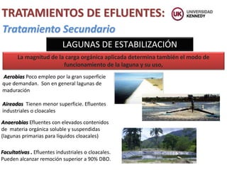 TRATAMIENTOS DE EFLUENTES:
Tratamiento Secundario
LAGUNAS DE ESTABILIZACIÓN
La magnitud de la carga orgánica aplicada determina también el modo de
funcionamiento de la laguna y su uso,
Aerobias Poco empleo por la gran superficie
que demandan. Son en general lagunas de
maduración
Aireadas Tienen menor superficie. Efluentes
industriales o cloacales
Anaerobias Efluentes con elevados contenidos
de materia orgánica soluble y suspendidas
(lagunas primarias para líquidos cloacales)
Facultativas . Efluentes industriales o cloacales.
Pueden alcanzar remoción superior a 90% DBO.
 