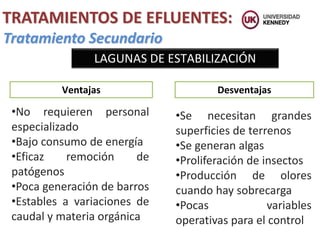 TRATAMIENTOS DE EFLUENTES:
Tratamiento Secundario
•No requieren personal
especializado
•Bajo consumo de energía
•Eficaz remoción de
patógenos
•Poca generación de barros
•Estables a variaciones de
caudal y materia orgánica
LAGUNAS DE ESTABILIZACIÓN
Desventajas
Ventajas
•Se necesitan grandes
superficies de terrenos
•Se generan algas
•Proliferación de insectos
•Producción de olores
cuando hay sobrecarga
•Pocas variables
operativas para el control
 