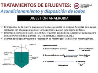 TRATAMIENTOS DE EFLUENTES:
 Degradación de la materia orgánica en tanques cerrados sin oxígeno. Se utiliza para aguas
residuales con alta carga orgánica y principalmente para el tratamiento de lodos.
 El tiempo de retención es de 10 a 30 días. requieren condiciones especiales y cuidadas para
el mantenimiento de la biomasa (pH, temperatura, anaerobiosis, etc.).
 Cuentan con dispositivos para la recolección de metano (por las bacterias metanogénicas.
DIGESTIÓN ANAEROBIA
Acondicionamiento y disposición de lodos
 