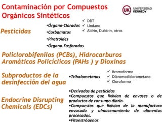 Contaminación por Compuestos
Orgánicos Sintéticos
Policlorobifenilos (PCBs), Hidrocarburos
Aromáticos Policíclicos (PAHs ) y Dioxinas
•Órgano-Clorados
•Carbamatos
•Piretroides
•Órgano-Fosforados
 DDT
 Lindano
 Aldrin, Dialdrin, otros
Subproductos de la
desinfección del agua
•Trihalometanos
 Bromoformo
 Dibromodiclorometano
 Cloroformo
Pesticidas
Endocrine Disrupting
Chemicals (EDCs)
•Derivados de pesticidas
•Compuestos que lixivian de envases o de
productos de consumo diario.
•Compuestos que lixivian de la manufactura
envasado y almacenamiento de alimentos
procesados.
•Fitoestrógenos
 