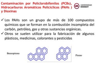 Contaminación por Policlorobifenilos (PCBs),
Hidrocarburos Aromáticos Policíclicos (PAHs )
y Dioxinas
 Los PAHs son un grupo de más de 100 compuestos
químicos que se forman en la combustión incompleta del
carbón, petróleo, gas y otras sustancias orgánicas.
 Otros se suelen utilizar para la fabricación de algunos
plásticos, medicinas, colorantes y pesticidas
Pireno
Benzopireno
 