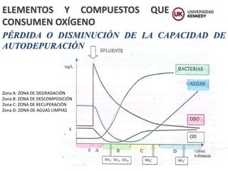 Zona A: ZONA DE DEGRADACIÓN
Zona B: ZONA DE DESCOMPOSICIÓN
Zona C: ZONA DE RECUPERACIÓN
Zona D: ZONA DE AGUAS LIMPIAS
PÉRDIDA O DISMINUCIÓN DE LA CAPACIDAD DE
AUTODEPURACIÓN
ELEMENTOS Y COMPUESTOS QUE
CONSUMEN OXÍGENO
 