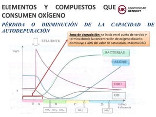 PÉRDIDA O DISMINUCIÓN DE LA CAPACIDAD DE
AUTODEPURACIÓN
ELEMENTOS Y COMPUESTOS QUE
CONSUMEN OXÍGENO
Zona de degradación: se inicia en el punto de vertido y
termina donde la concentración de oxígeno disuelto
disminuye a 40% del valor de saturación. Máxima DBO
 