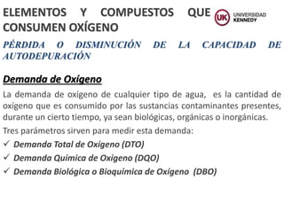 PÉRDIDA O DISMINUCIÓN DE LA CAPACIDAD DE
AUTODEPURACIÓN
ELEMENTOS Y COMPUESTOS QUE
CONSUMEN OXÍGENO
Demanda de Oxígeno
La demanda de oxígeno de cualquier tipo de agua, es la cantidad de
oxígeno que es consumido por las sustancias contaminantes presentes,
durante un cierto tiempo, ya sean biológicas, orgánicas o inorgánicas.
Tres parámetros sirven para medir esta demanda:
 Demanda Total de Oxígeno (DTO)
 Demanda Química de Oxígeno (DQO)
 Demanda Biológica o Bioquímica de Oxígeno (DBO)
 