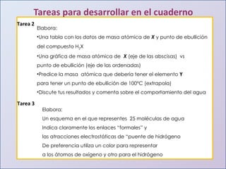Tareas para desarrollar en el cuaderno Elabora:  Una tabla con los datos de masa atómica de  X  y punto de ebullición del compuesto H 2 X Una gráfica de masa atómica de  X   (eje de las abscisas)  vs  punto de ebullición (eje de las ordenadas)  Predice la masa  atómica que debería tener el elemento  Y   para tener un punto de ebullición de 100°C (extrapola) Discute tus resultados y comenta sobre el comportamiento del agua Elabora:  Un esquema en el que representes  25 moléculas de agua Indica claramente los enlaces “formales” y  las atracciones electrostáticas de “puente de hidrógeno De preferencia utiliza un color para representar  a los átomos de oxígeno y otro para el hidrógeno Tarea 2 Tarea 3 