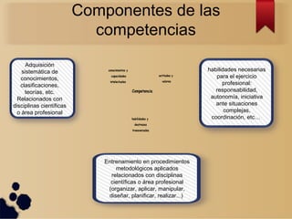 conocimientos y
capacidades
intelectuales
habilidades y
destrezas
transversales
actitudes y
valores
Competencia
Componentes de las
competencias
Adquisición
sistemática de
conocimientos,
clasificaciones,
teorías, etc.
Relacionados con
disciplinas científicas
o área profesional
habilidades necesarias
para el ejercicio
profesional:
responsabilidad,
autonomía, iniciativa
ante situaciones
complejas,
coordinación, etc…
Entrenamiento en procedimientos
metodológicos aplicados
relacionados con disciplinas
científicas o área profesional
(organizar, aplicar, manipular,
diseñar, planificar, realizar...)
 