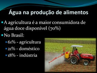 Água na produção de alimentos
A agricultura é a maior consumidora de
água doce disponível (70%)
No Brasil:
61% - agricultura
21% - doméstico
18% - indústria
 