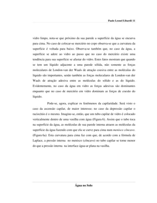 Paulo Leonel Libardi| 11




vidro limpo, nota-se que próximo da sua parede a superfície da água se encurva
para cima. No caso de colocar-se mercúrio no copo observa-se que a curvatura da
superfície é voltada para baixo. Observa-se também que, no caso da água, a
superfície se adere ao vidro ao passo que no caso do mercúrio existe uma
tendência para sua superfície se afastar do vidro. Estes fatos mostram que quando
se tem um líquido adjacente a uma parede sólida, não somente as forças
moleculares de London-van der Waals de atração coesiva entre as moléculas do
líquido são importantes, senão também as forças moleculares de London-van der
Waals de atração adesiva entre as moléculas do sólido e as do líquido.
Evidentemente, no caso da água em vidro as forças adesivas são dominantes
enquanto que no caso de mercúrio em vidro dominam as forças de coesão do
líquido.

           Pode-se, agora, explicar os fenômenos da capilaridade. Será visto o
caso da ascensão capilar, de maior interesse; no caso da depressão capilar o
raciocínio é o mesmo. Imagine-se, então, que um tubo capilar de vidro é colocado
verticalmente dentro de uma vasilha com água (Figura 6). Assim que o tubo toca
na superfície da água, as moléculas de sua parede interna atraem as moléculas da
superfície da água fazendo com que ela se curve para cima num menisco côncavo.
(Figura 6a). Esta curvatura para cima faz com que, de acordo com a fórmula de
Laplace, a pressão interna no menisco (côncavo) no tubo capilar se torne menor
do que a pressão interna na interface água-ar plana na vasilha.




                                  Água no Solo
 