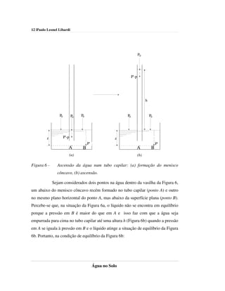 12 |Paulo Leonel Libardi




                                                                           P0




                                                                            ...
                                                                    P'-p




                                                                                  h


                 P0          P0     P0                         P0                     P0
                              ...




         z            P'-p                                 z
                                         ...




                                                                                           ...
                                           P'                                                P'
                                                ...




                         A           B                                 A               B
                             (a)                                           (b)

Figura 6 -      Ascensão da água num tubo capilar: (a) formação do menisco
                côncavo, (b) ascensão.

             Sejam considerados dois pontos na água dentro da vasilha da Figura 6,
um abaixo do menisco côncavo recém formado no tubo capilar (ponto A) e outro
no mesmo plano horizontal do ponto A, mas abaixo da superfície plana (ponto B).
Percebe-se que, na situação da Figura 6a, o líquido não se encontra em equilíbrio
porque a pressão em B é maior do que em A e isso faz com que a água seja
empurrada para cima no tubo capilar até uma altura h (Figura 6b) quando a pressão
em A se iguala à pressão em B e o líquido atinge a situação de equilíbrio da Figura
6b. Portanto, na condição de equilíbrio da Figura 6b:




                                                Água no Solo
 