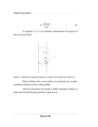 14 |Paulo Leonel Libardi




                                        2σ cos α
                                   h=            .                               (9)
                                         ρ a gr

            As equações 6, 7 e 9 são chamadas indistintamente de equação de
Kelvin da capilaridade.




                                         r


                                         R
                                         α
                                              P
                                          α




Figura 7 - Detalhe da superfície líquida no capilar com o ângulo de contato α.

            Maiores detalhes deste assunto podem ser encontrados, por exemplo,
em Kirkham & Powers (1972) e Libardi (2005).

            Além dos mecanismos de retenção é também importante conhecer os
índices que são utilizados para quantificar a água no solo.




                                   Água no Solo
 