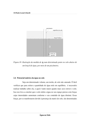 32 |Paulo Leonel Libardi




                                          piezômetro
                                                       superfície do solo




                                                         lençol freático




                                               h




                                                   ponto em
                                                    questão




Figura 10 - Ilustração da medida de φp num determinado ponto no solo abaixo de
            um lençol de água, por meio de um piezômetro.




2.4 Potencial mátrico da água no solo

            Seja um determinado volume, um torrão, de solo não saturado. É fácil
verificar que para retirar a quantidade de água nele em equilíbrio, é necessário
realizar trabalho sobre ela, o qual é tanto maior quanto mais seco estiver o solo.
Isso nos leva a concluir que o solo retém a água no seu espaço poroso com forças
cujas intensidades aumentam conforme o seu conteúdo de água diminui. Essas
forças, por se manifestarem devido à presença da matriz do solo, são denominadas




                                 Água no Solo
 