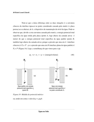 40 |Paulo Leonel Libardi




              Note-se que a única diferença entre as duas situações é a curvatura
côncava da interface água-ar no ponto considerado causada pela matriz (= placa
porosa) ao se abaixar, de h, o dispositivo de manutenção do nível da água. Pode-se
observar que, devido a esta curvatura causada pela matriz, a energia potencial total
específica da água retida pela placa (ponto A, logo abaixo da camada ativa) é
menor do que a energia potencial total específica da água padrão (ponto B,
também logo abaixo da camada ativa), porque a pressão que atua em A (interface
côncava) é Po+ P' - p e a pressão que atua em B (interface plana da água padrão) é
Po+ P' (Figura 14). Logo, a semelhança do que vimos para o φp:


                           φ m = ε − ε o = − p → [energia/volume]                                (48)

                 Po                                                    Po



                                                                                                RG
                   B                                                 A
                                                                        ...




                                      (a)                                                 (b)
                  ...




                                                                      P'-p
                 P'
       Água padrão com energia                                 Água com energia
      potencial total específica εo                        potencial total específica ε
              (ponto B)                                     no ponto considerado A.

Figura 14 - Medida do potencial mátrico

ou, tendo em conta o valor de p = ρagh:




                                            Água no Solo
 