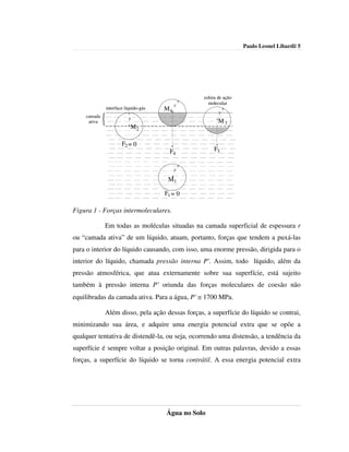 Paulo Leonel Libardi| 5




                                                    esfera de ação
                                              r       molecular
                 interface líquido-gás   M4
                                                           r
    camada
     ativa   {               r
                              M2
                                                           M3


                         F2 = 0
                                           F4            F3


                                              r

                                          M1

                                         F1 = 0

Figura 1 - Forças intermoleculares.

             Em todas as moléculas situadas na camada superficial de espessura r
ou “camada ativa” de um líquido, atuam, portanto, forças que tendem a puxá-las
para o interior do líquido causando, com isso, uma enorme pressão, dirigida para o
interior do líquido, chamada pressão interna P'. Assim, todo líquido, além da
pressão atmosférica, que atua externamente sobre sua superfície, está sujeito
também à pressão interna P' oriunda das forças moleculares de coesão não
equilibradas da camada ativa. Para a água, P' ≅ 1700 MPa.

             Além disso, pela ação dessas forças, a superfície do líquido se contrai,
minimizando sua área, e adquire uma energia potencial extra que se opõe a
qualquer tentativa de distendê-la, ou seja, ocorrendo uma distensão, a tendência da
superfície é sempre voltar a posição original. Em outras palavras, devido a essas
forças, a superfície do líquido se torna contrátil. A essa energia potencial extra




                                         Água no Solo
 