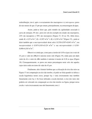 Paulo Leonel Libardi| 53




redistribuição, isto é, após o esvaziamento dos macroporos e c) microporos: poros
de raio menor do que 15 µm que atuam, principalmente, na armazenagem da água.

           Assim, pode-se dizer que, pelo modelo da capilaridade associado à
curva de retenção, 8% dos poros do solo do exemplo em estudo são macroporos,
22% são mesoporos e 70% são microporos (Figura 17, 18 ou 19). Além disso,
sendo θs = 0,55 m3m-3, θ1 = 0,507 m3m-3 e θ2 = 0,383 m3m-3 (Figura 17), pode-se
dizer também que a macroporosidade deste solo é 0,550-0,507=0,043 m3m-3, sua
mesoporosidade é 0,507-0,383=0,124 m3m-3 e sua microporosidade é 0,383-
0,000=0,383 m3m-3.

           Observe-se ainda que, como para a tensão de 0,36 m água (ou o raio de
41 µm) o valor de dθ/αdτ é máximo neste solo (Figura 19), então para um dado
valor de dτ, o valor de dθ/α também é máximo à tensão de 0,36 m água (Figura
18). Consequentemente, os poros em maior porcentagem neste solo são aqueles
cujos raios estão em torno do valor de 41 µm.

           Finalmente, não é demais lembrar que a colocação do eixo dos raios na
Figura 17 em comparação ao eixo das tensões, só pode ser feita quando se utiliza a
escala logarítmica nestes eixos, porque log r varia inversamente mas também
linearmente com log τ. Se fosse utilizada a escala decimal, o eixo dos raios não
poderia ser colocado em comparação ao eixo das tensões na figura, porque nessa
escala r varia inversamente mas não linearmente com τ.




                                 Água no Solo
 