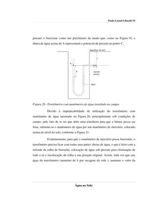 Paulo Leonel Libardi| 55




passará a funcionar como um piezômetro de modo que, como na Figura 10, a
altura de água acima de A representará o potencial de pressão no ponto C.

                                                Superfície do solo


                                                        z

                              A
                                                        C
                                   h                cápsula
                                                    porosa



                                                 água




Figura 20 - Tensiômetro com manômetro de água instalado no campo.

           Devido à impraticabilidade de utilização do tensiômetro com
manômetro de água mostrado na Figura 20, principalmente sob condições de
campo, pelo fato de se ter que abrir uma trincheira para que a leitura possa ser
feita, substitui-se o manômetro de água por um manômetro de mercúrio, colocado
acima do nível do solo, conforme a Figura 21.

           Evidentemente, para que o manômetro de mercúrio possa funcionar, o
tensiômetro precisa ficar com todas suas partes cheias de água, o que é feito com a
retirada da rolha de borracha, colocação de água sob pressão para eliminação de
todo o ar e recolocação da rolha à sua posição original. Assim, toda vez que sair
água do tensiômetro (aumento de h por secagem do solo ), aumenta o valor da




                                  Água no Solo
 